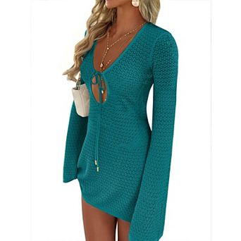 Women's Crochet Cover Up V Neck Mesh Beach Dress Long Sleeve