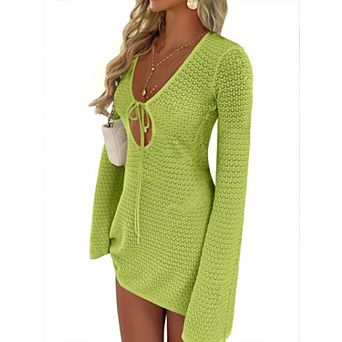Women's Crochet Cover Up V Neck Mesh Beach Dress Long Sleeve
