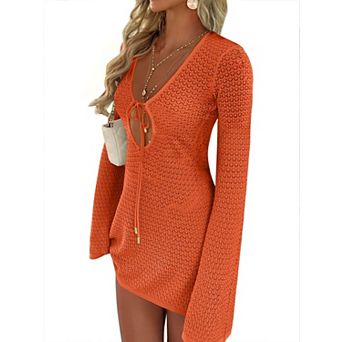 Women's Crochet Cover Up V Neck Mesh Beach Dress Long Sleeve