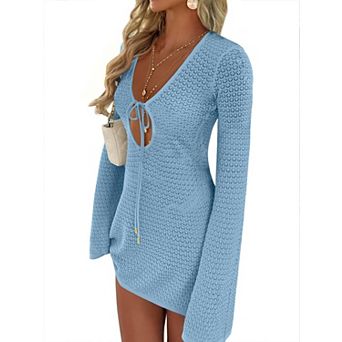 Women's Crochet Cover Up V Neck Mesh Beach Dress Long Sleeve