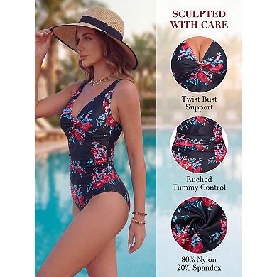 Women's Ruched Push Up Padded V Neck Retro Swimsuit