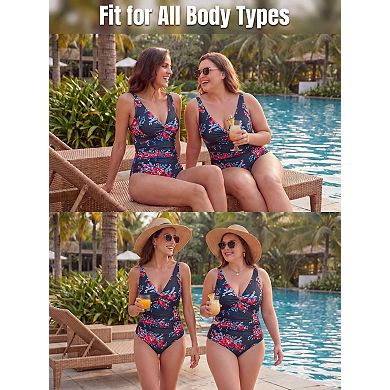 Women's Ruched Push Up Padded V Neck Retro Swimsuit