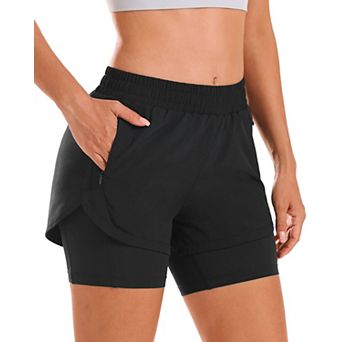 Women 2 in 1 Running Shorts High Waisted Gym Liner Zipper Pockets