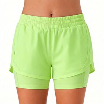 Women 2 in 1 Running Shorts High Waisted Gym Liner Zipper Pockets