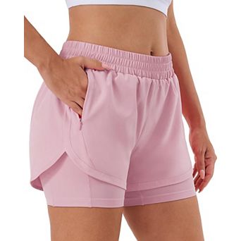 Women 2 in 1 Running Shorts High Waisted Gym Liner Zipper Pockets