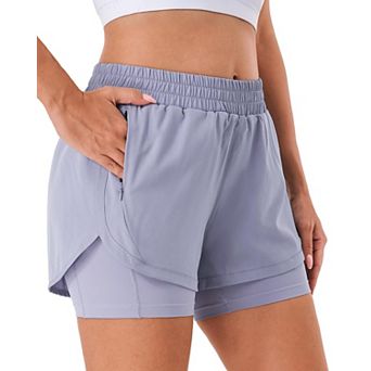 Women 2 in 1 Running Shorts High Waisted Gym Liner Zipper Pockets