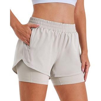 Women 2 in 1 Running Shorts High Waisted Gym Liner Zipper Pockets