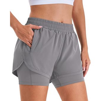Women 2 in 1 Running Shorts High Waisted Gym Liner Zipper Pockets