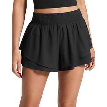 2.5" Drapey Double Ruffles Athletic Shorts Women High Waisted Flowy Tiered Skorts