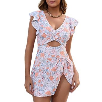 Women Ruffle Swim Dress Cutout Wrap Side Tie Skirt