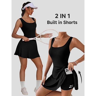 shorts to wear under golf dresses Crunowin Womens Tennis Dress with Shorts Underneath Golf Workout Dress with Pockets Exercise Athletic Dress for Women Navy Size XL, Women's, Blue