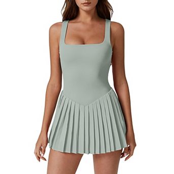 Women Square Neck Tennis Dress Pleated Built-in Shorts Pockets