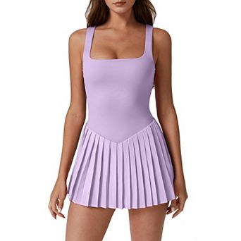 Women Square Neck Tennis Dress Pleated Built-in Shorts Pockets