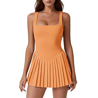 Women Square Neck Tennis Dress Pleated Built-in Shorts Pockets