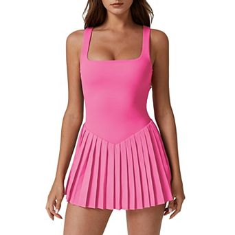 Women Square Neck Tennis Dress Pleated Built-in Shorts Pockets