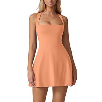 Women's Square Neck Tennis Dress Sleeveless Built-in Shorts Golf Athletic Pockets