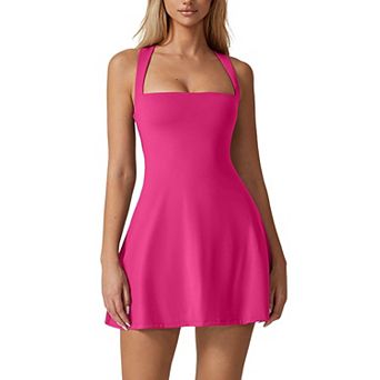 Women's Square Neck Tennis Dress Sleeveless Built-in Shorts Golf Athletic Pockets