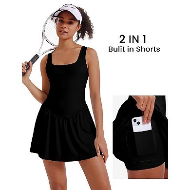 Women's Square Neck Athletic Dress with Built-in Shorts