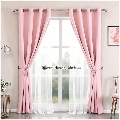 2 Panels Blackout Curtains Double Layer Voile Sheer Bedroom Window Tie-backs
