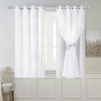 2 Panels Blackout Curtains Double Layer Voile Sheer Bedroom Window Tie-backs