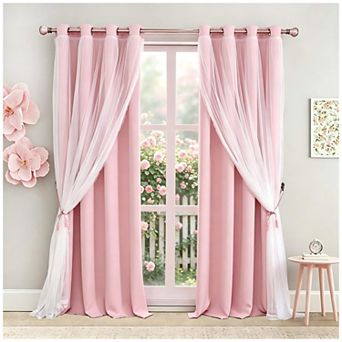 2 Panels Blackout Curtains Double Layer Voile Sheer Bedroom Window Tie-backs