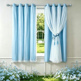 2 Panels Blackout Curtains Double Layer Voile Sheer Bedroom Window Tie-backs