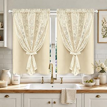2 Panels Kitchen Cafe Curtain Blackout Sheer Double Layer Rod Pocket