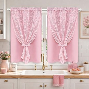 2 Panels Kitchen Cafe Curtain Blackout Sheer Double Layer Rod Pocket