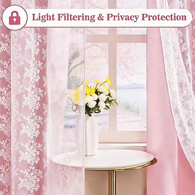 2 Panels Blackout Curtains Sheer Overlay Grommet Drapes Tiebacks