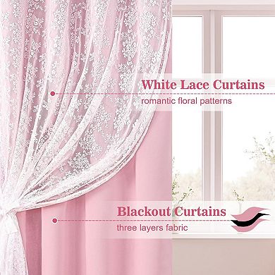 2 Panels Blackout Curtains Sheer Overlay Grommet Drapes Tiebacks