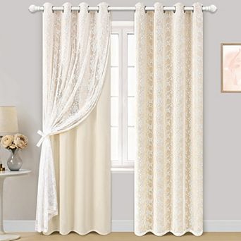 2 Panels Blackout Curtains Sheer Overlay Grommet Drapes Tiebacks