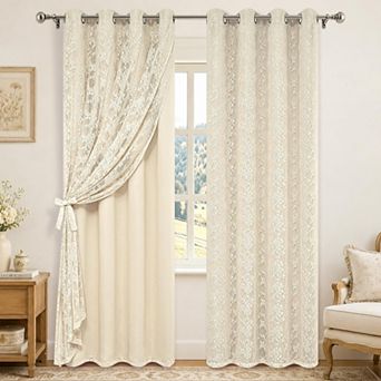 2 Panels Blackout Curtains Sheer Overlay Grommet Drapes Tiebacks
