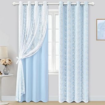 2 Panels Blackout Curtains Sheer Overlay Grommet Drapes Tiebacks