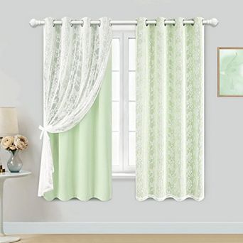 2 Panels Blackout Curtains Sheer Overlay Grommet Drapes Tiebacks