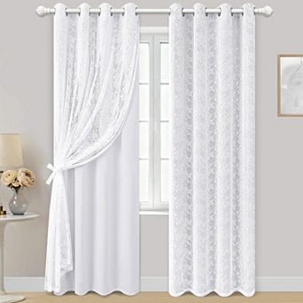 2 Panels Blackout Curtains Sheer Overlay Grommet Drapes Tiebacks