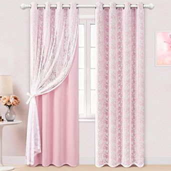2 Panels Blackout Curtains Sheer Overlay Grommet Drapes Tiebacks
