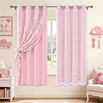 2 Panels Blackout Curtains Sheer Overlay Grommet Drapes Tiebacks
