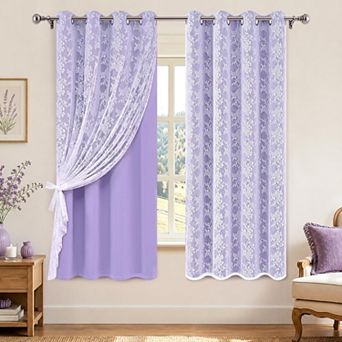 2 Panels Blackout Curtains Sheer Overlay Grommet Drapes Tiebacks