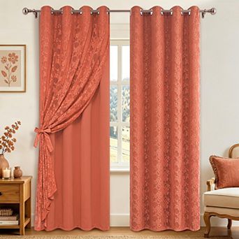 2 Panels Blackout Curtains Sheer Overlay Grommet Drapes Tiebacks