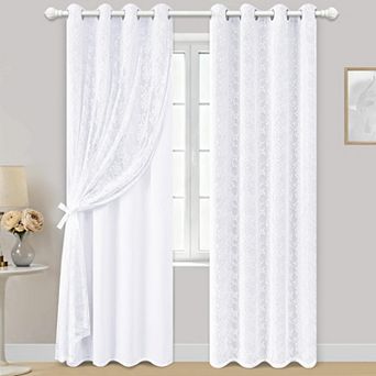 2 Panels Blackout Curtains Sheer Overlay Grommet Drapes Tiebacks