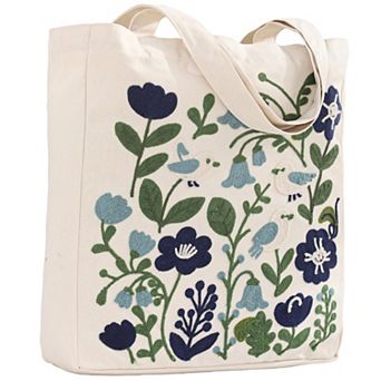 Embroidery Canvas Tote Bag Hand-stitched Flowers Pocket Buckle