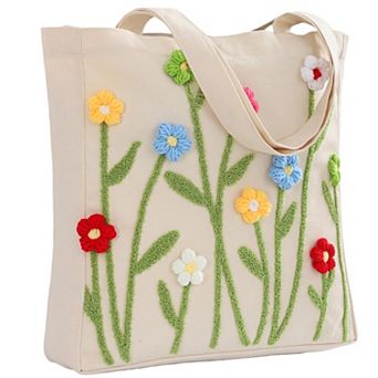 Embroidery Canvas Tote Bag Hand-stitched Flowers Pocket Buckle