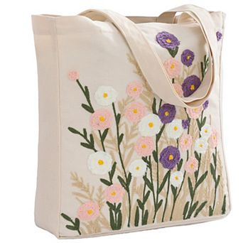 Embroidery Canvas Tote Bag Hand-stitched Flowers Pocket Buckle