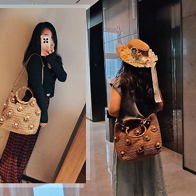 Flower Rattan Straw Bucket Handbag