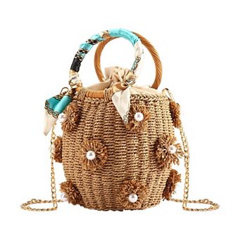 Flower Rattan Straw Bucket Handbag