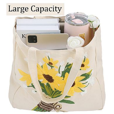 Hydrangea Embroidery Canvas Tote Bag Women Reusable Shoulder Shopping Beach Gym