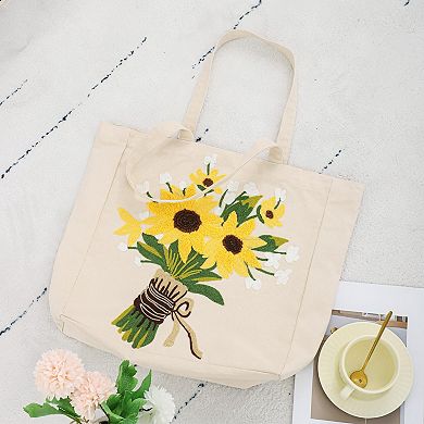 Hydrangea Embroidery Canvas Tote Bag Women Reusable Shoulder Shopping Beach Gym