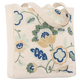 Embroidered Canvas Tote Bag Dragon Floral Women Shoulder Shopping Grocery