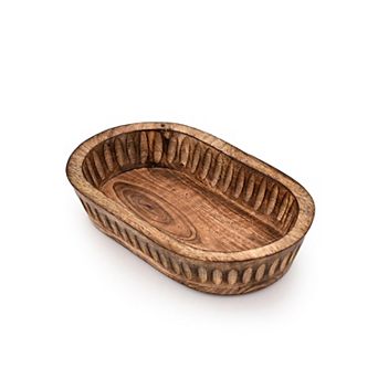 Mango Wood Decorative Bowl Hand Carved Stripes