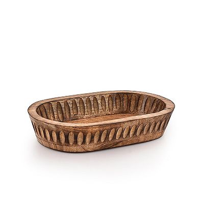 Mango Wood Decorative Bowl Hand Carved Stripes